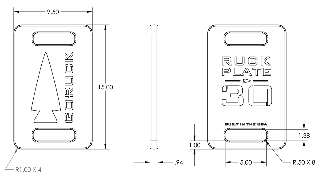 Technical drawing of a rectangular metal plate labeled 