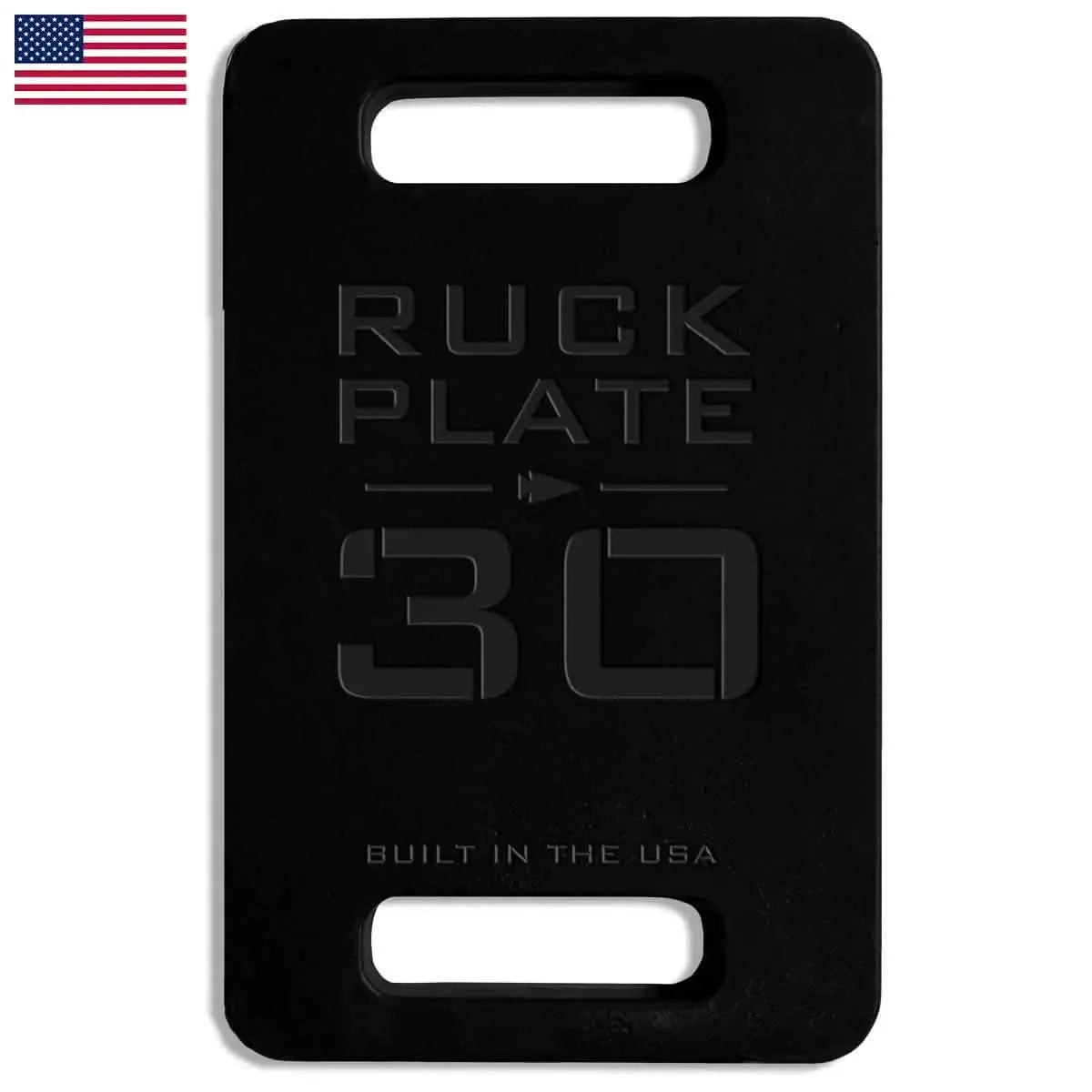GORUCK 30lb black ruck plate with handles, built in the USA, American flag in corner