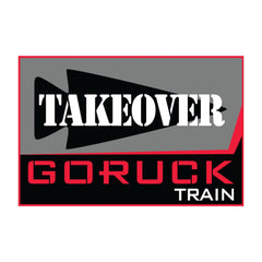 Logo for the "Patch - GORUCK TAKEOVER WORKOUT," featuring "TAKEOVER" in bold stencil font above "GORUCK TRAIN" in red and white on a black and gray background, designed to embody the spirit of a GORUCK TAKEOVER community fitness event.