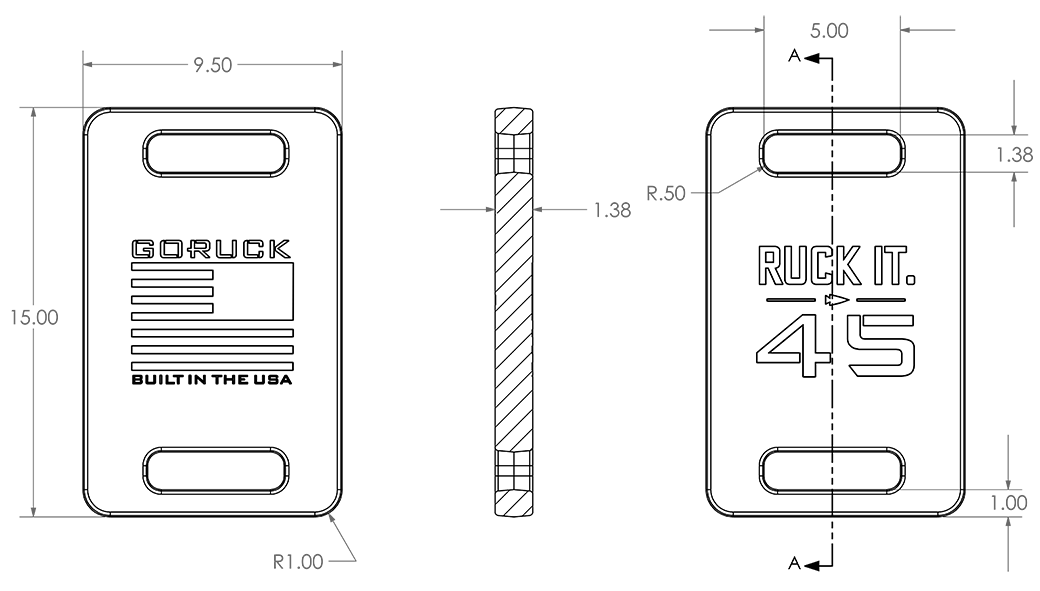 Technical drawing of a rectangular GORUCK weight plate with 