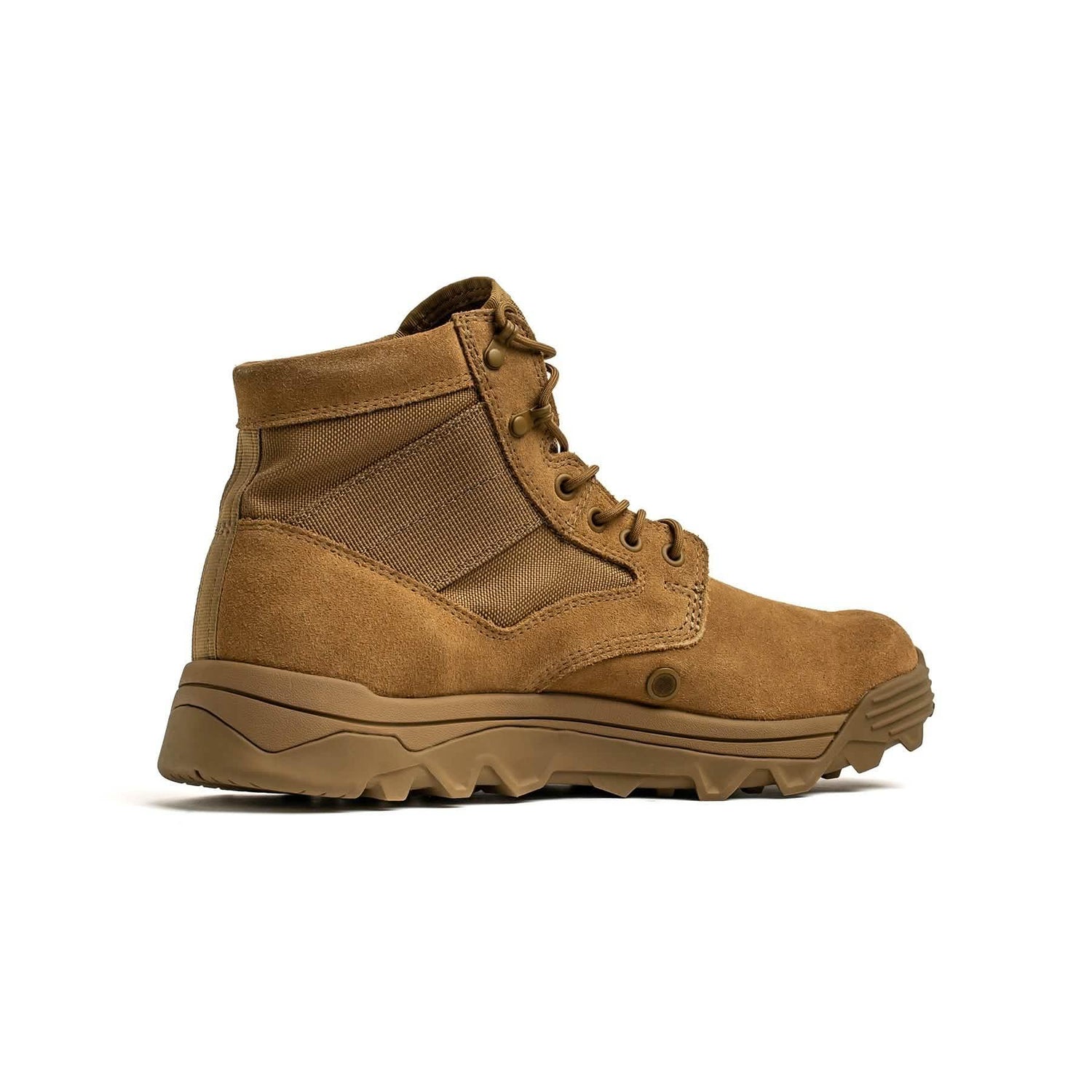 GORUCK brown suede rucking boot with rugged sole, side profile on white background
