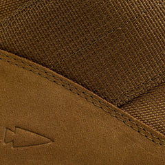 Closeup of GORUCK rucking boot with brown suede and nylon fabric detail