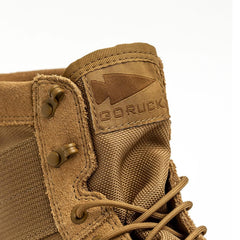 GORUCK tan rucking boot close-up, rugged nylon and suede with branded patch