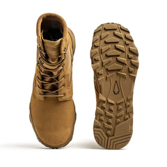 GORUCK brown rucking boot with rugged tread sole on white background