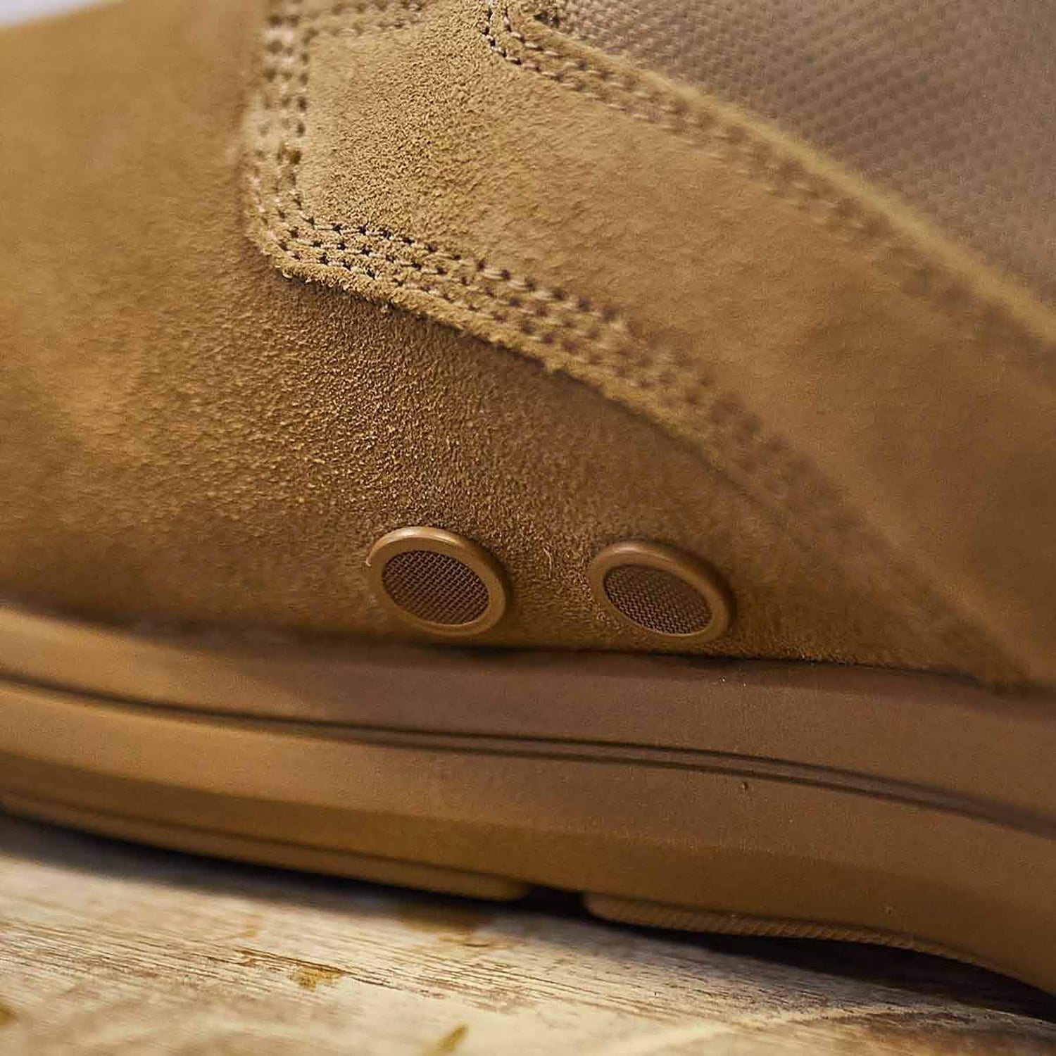 GORUCK rucking shoe close-up showing durable suede and mesh design with drainage ports