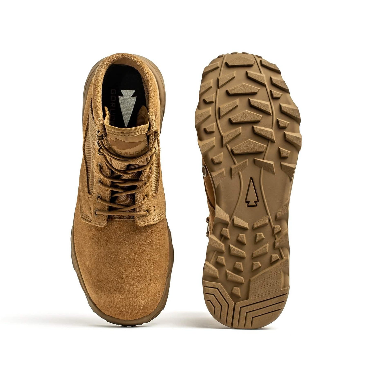 GORUCK brown rucking boots with rugged soles, durable suede and mesh design, top and sole view