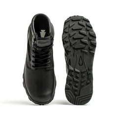 GORUCK black rucking boots with rugged tread, durable leather and nylon design, front and sole view