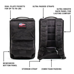 GORUCK backpack with dual plate pockets, padded straps, sternum strap, and reinforced bottom