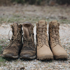 GORUCK rucking boots before and after, old worn pair next to new tan pair on gravel outdoors