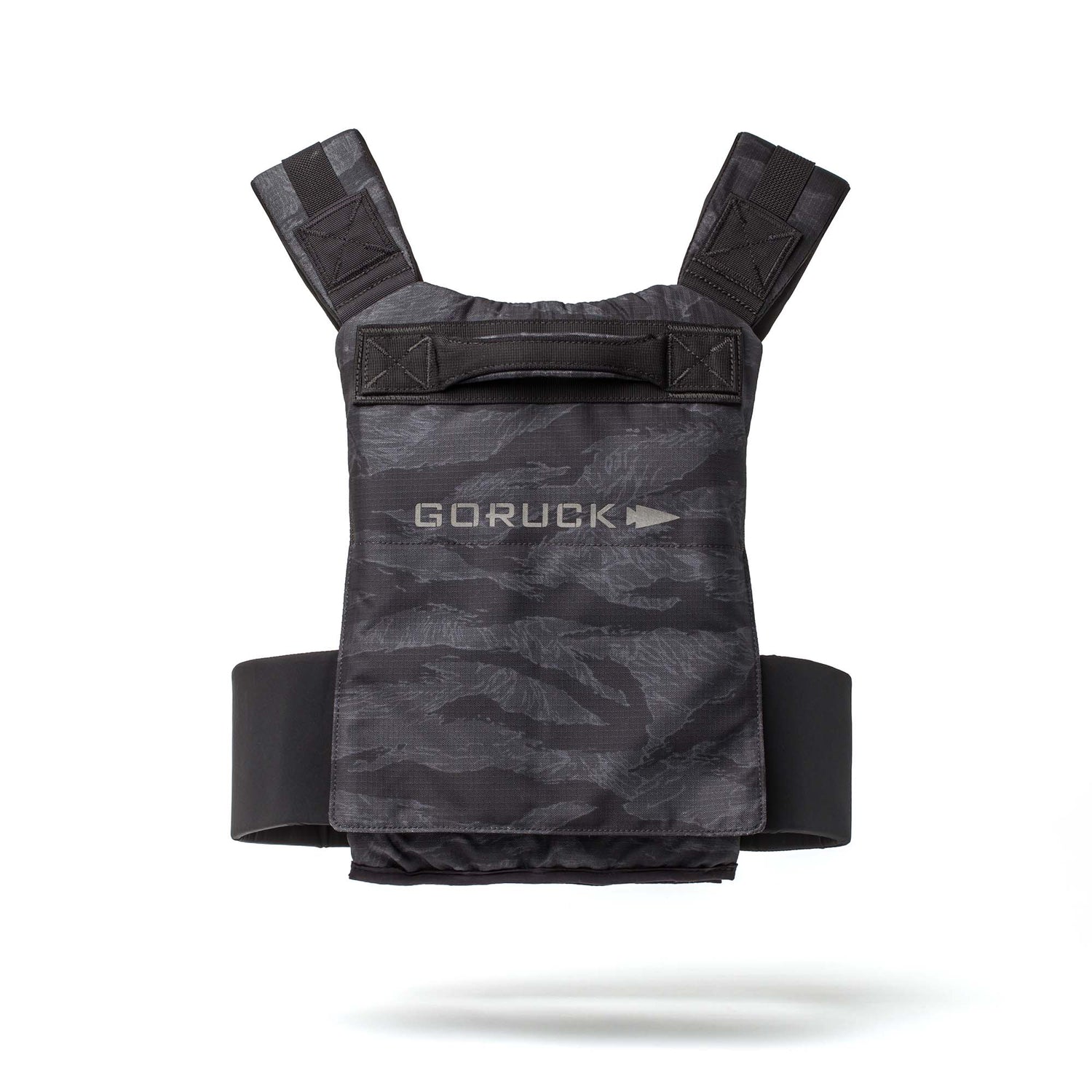 The Achilles Vest is a black GORUCK men’s vest with a camouflage pattern, built for rugged performance and shown on a white background.