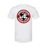 White GORUCK t-shirt featuring Arnold's Pump Club globe and barbell logo on the back.