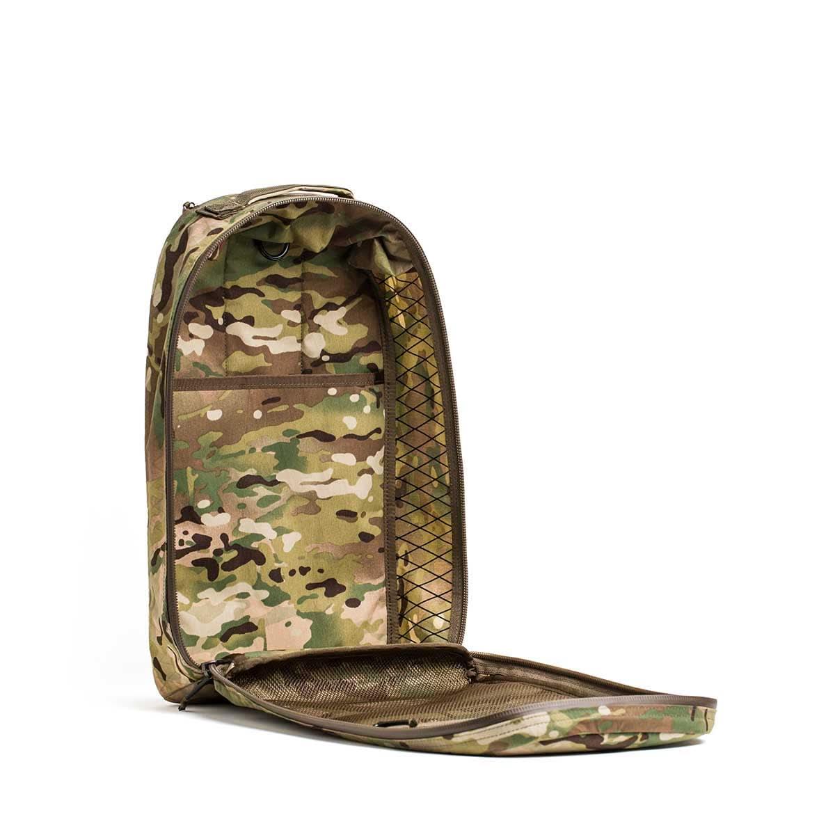 GORUCK Bullet 15L XPAC Multicam open rucksack showing internal mesh pocket and rugged design