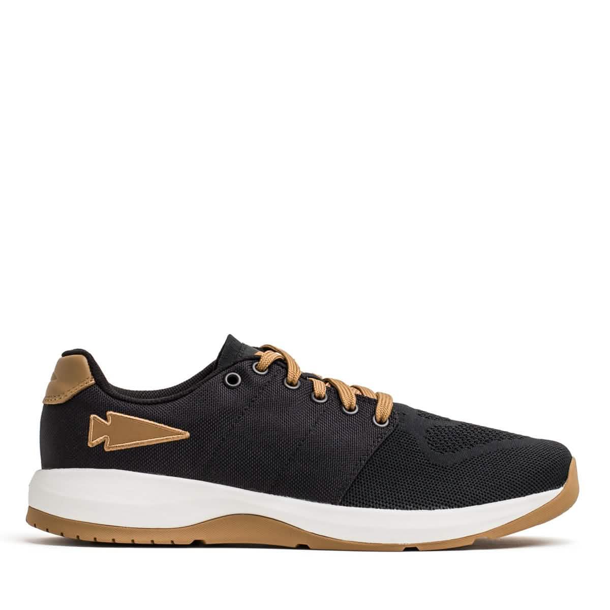 GORUCK Ballistic Trainer black shoe with coyote brown details and white sole, side view