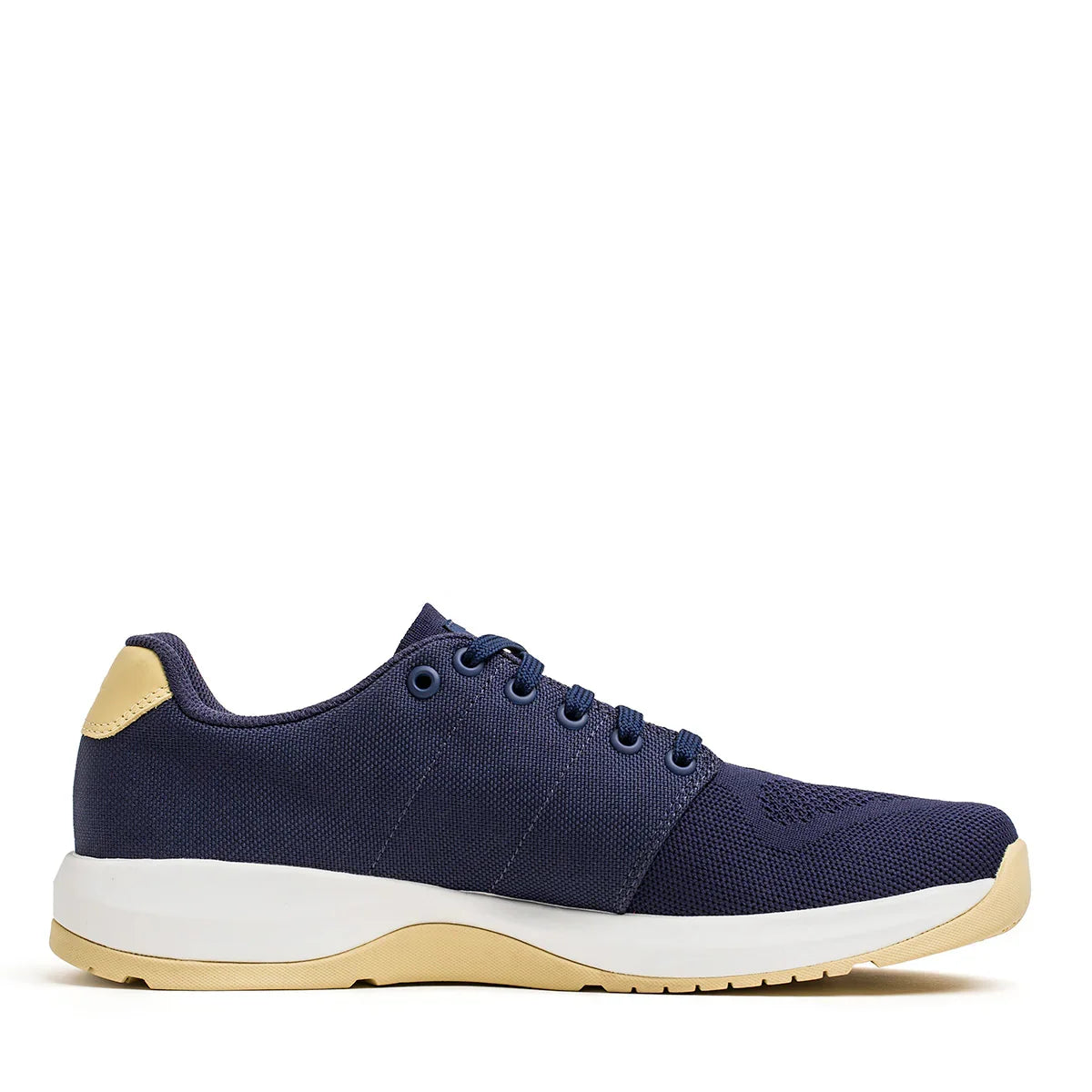 GORUCK Ballistic Trainer navy athletic shoe with gold accents and white sole