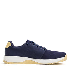 GORUCK Ballistic Trainer navy athletic shoe with gold accents and white sole