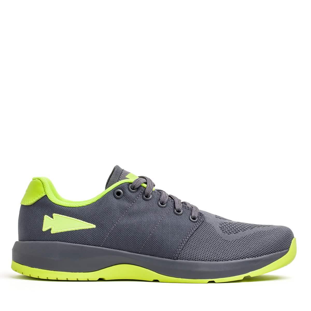 GORUCK Ballistic Trainer in wolf grey with acid lime sole and spearhead logo, side view