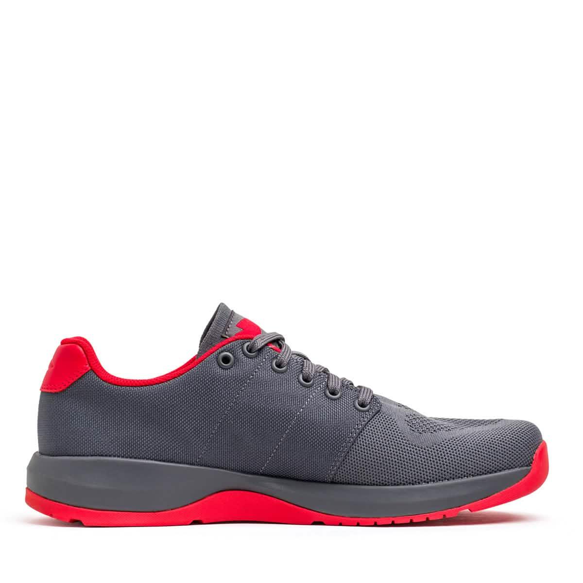 GORUCK Ballistic Trainers in wolf grey with high risk red accents and sole, side view