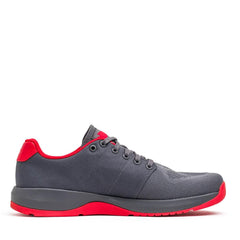 GORUCK Ballistic Trainers in wolf grey with high risk red accents and sole, side view