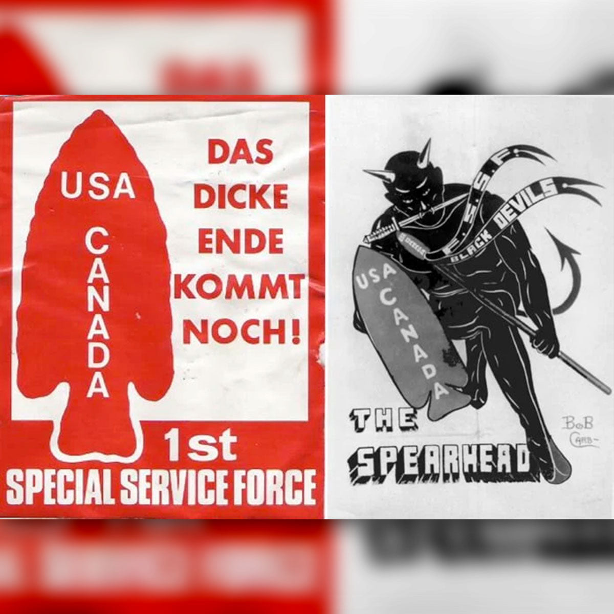 Two WWII posters: left shows a red arrowhead with text, right depicts a devil figure holding a shield and spear.