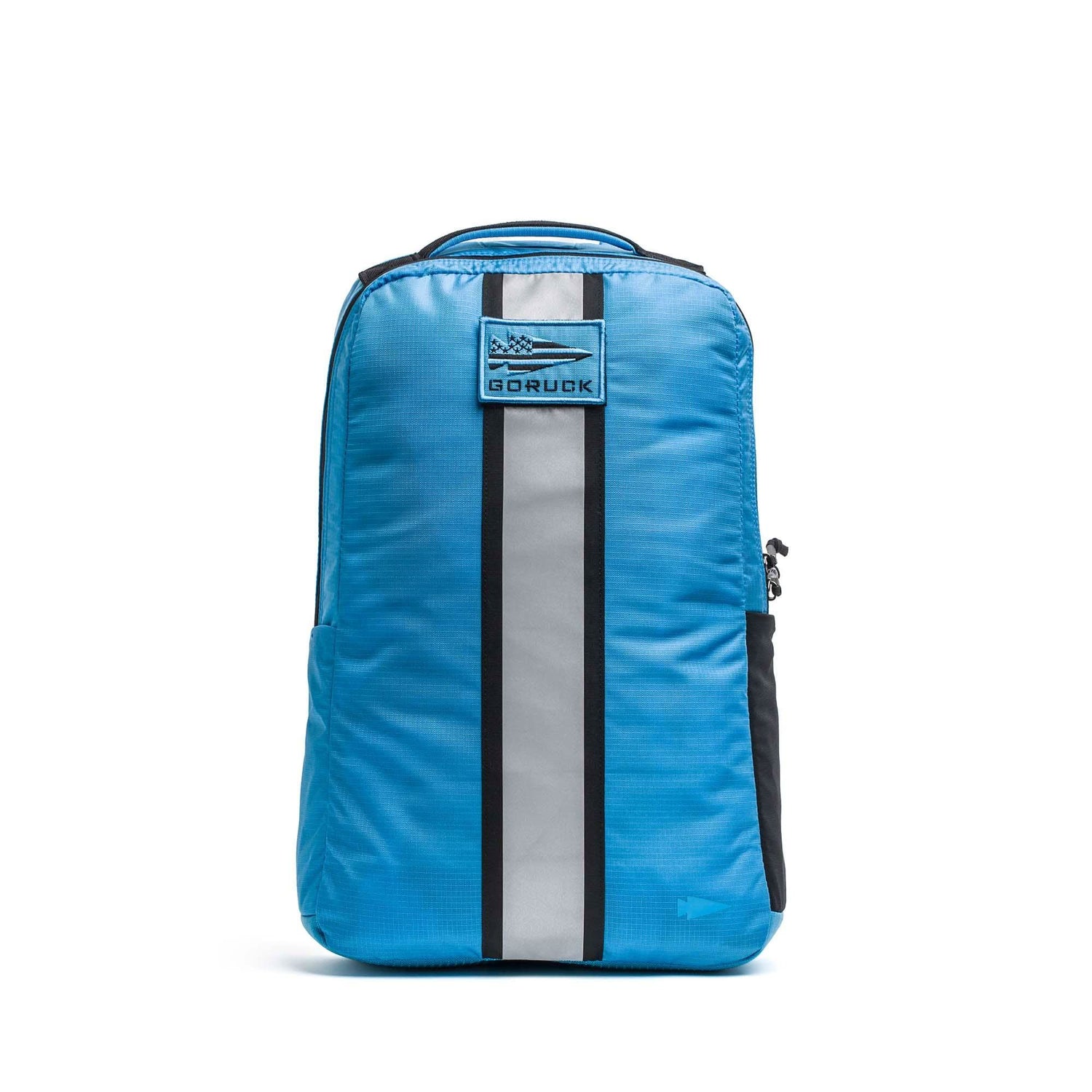 GORUCK Basic Rucker 17L backpack in electric blue with reflective center stripe, front view