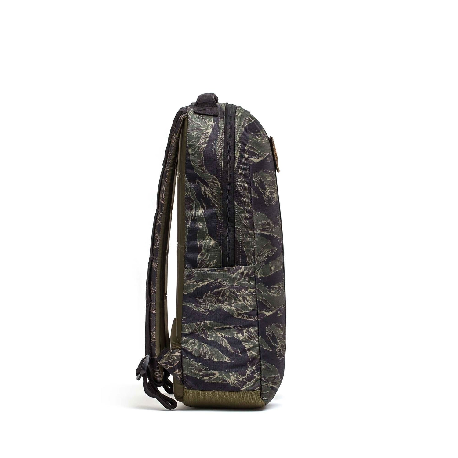 GORUCK rucksack in tiger stripe camouflage, side view, rugged backpack for rucking gear