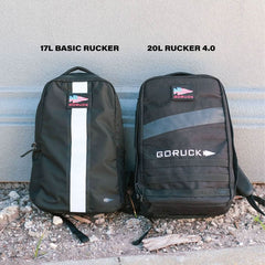 GORUCK 17L Basic Rucker and 20L Rucker 4.0 backpacks side by side outdoors
