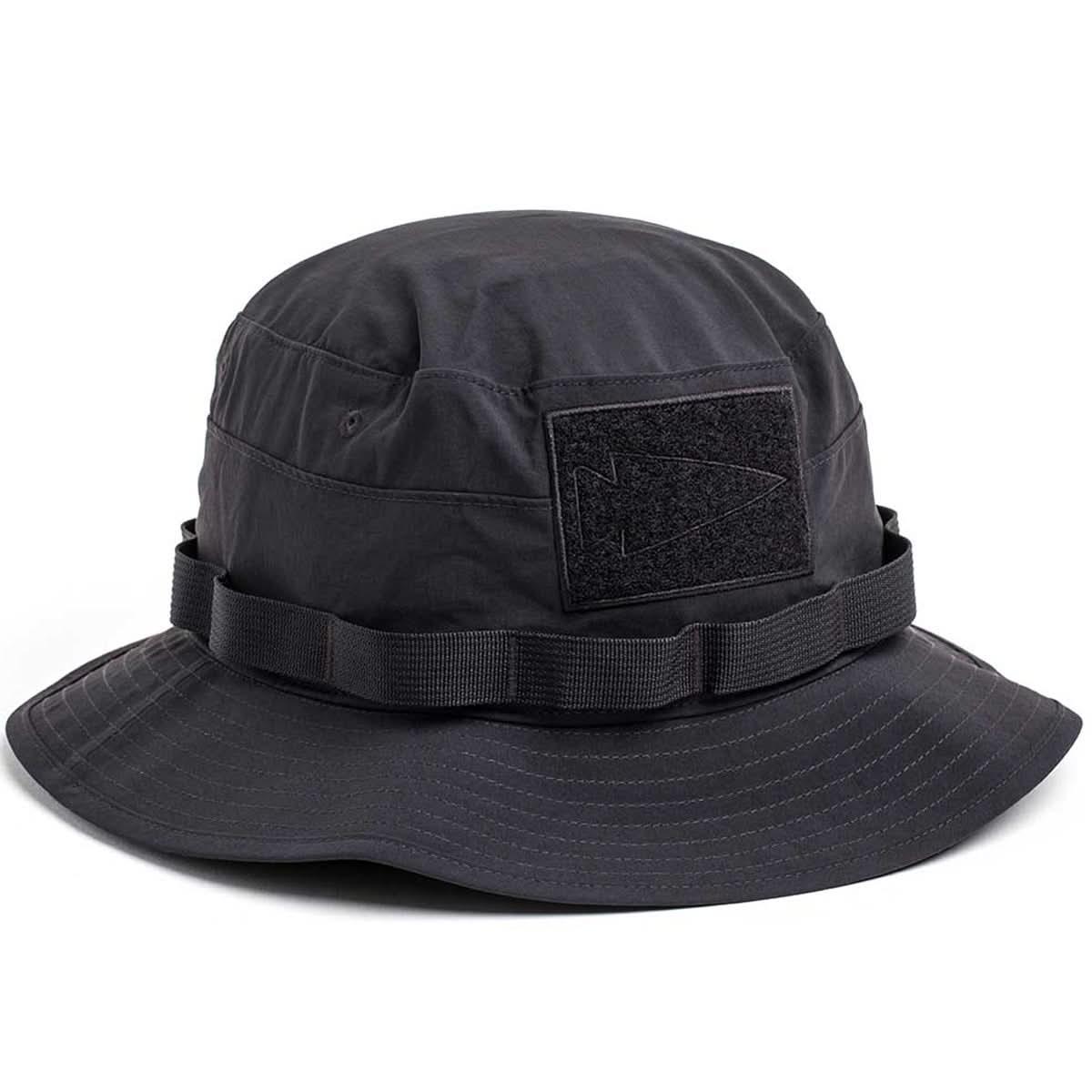 GORUCK black boonie hat with webbing and velcro patch panel, rugged outdoor gear
