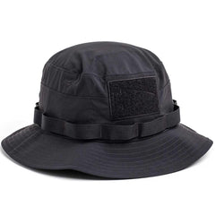 GORUCK black boonie hat with webbing and velcro patch panel, rugged outdoor gear