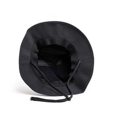 Black GORUCK Boonie Hat with chin strap, tough rucking gear, top view on white background.