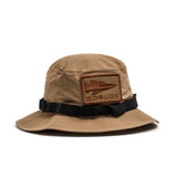 GORUCK coyote brown boonie hat with black webbing and patch panel, outdoor gear