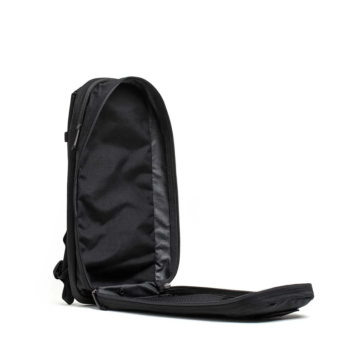 GORUCK Bullet Ruck 10L black backpack open and empty, durable rucking gear on white background