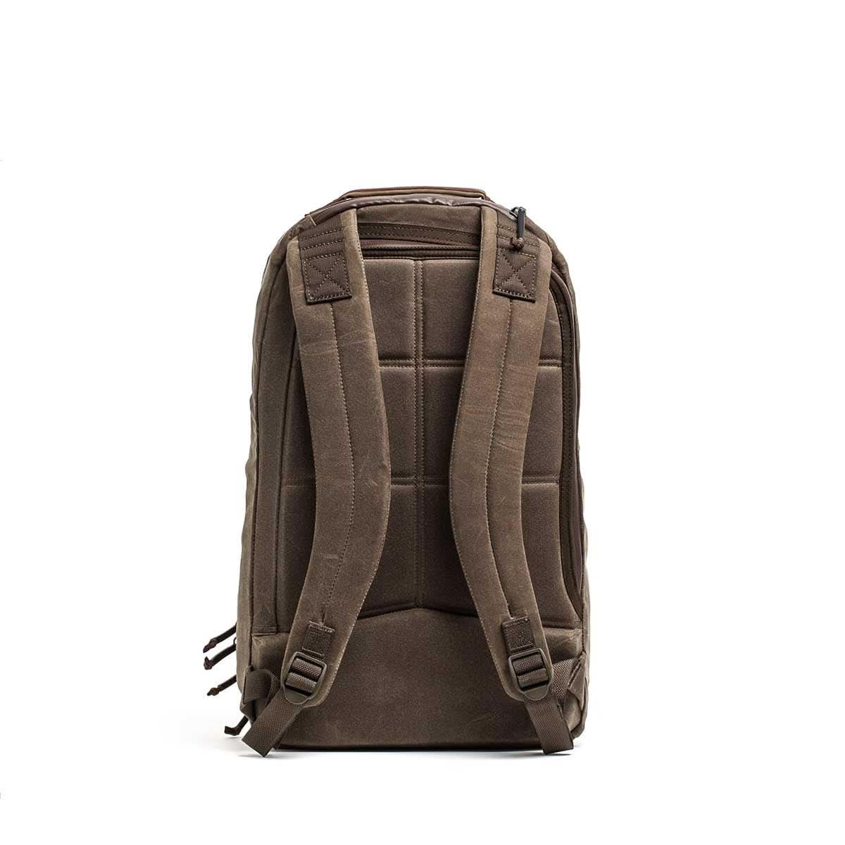 GORUCK Bullet 18L rucksack in heritage dark oak, padded straps, back view