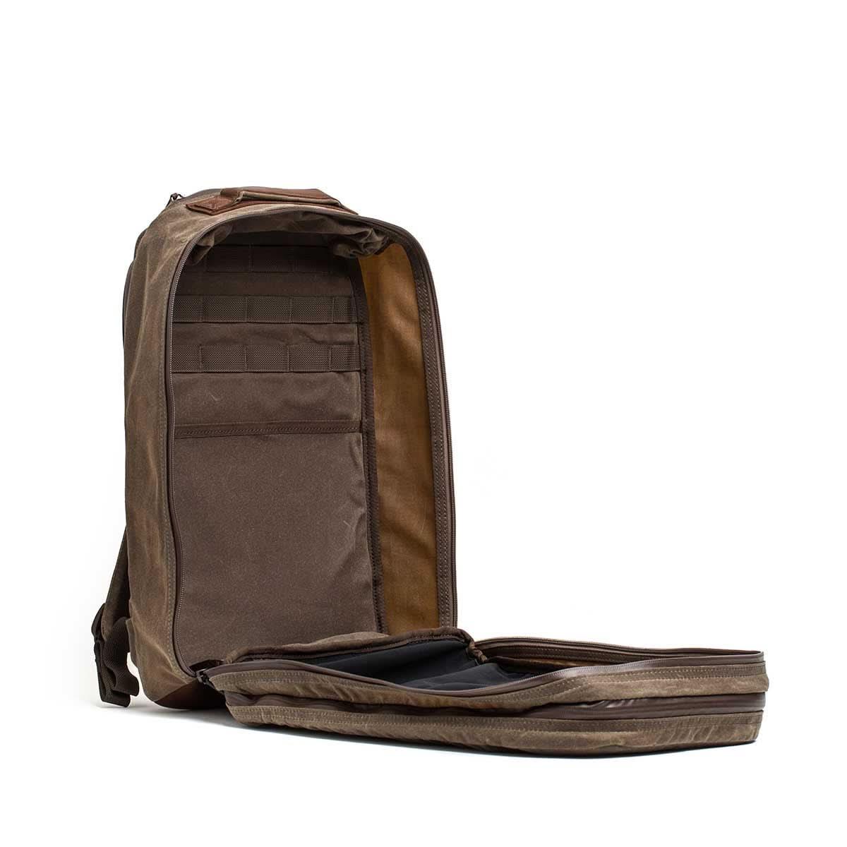 GORUCK Bullet 18L Dual backpack in Heritage Dark Oak, open to show spacious interior and stash pocket