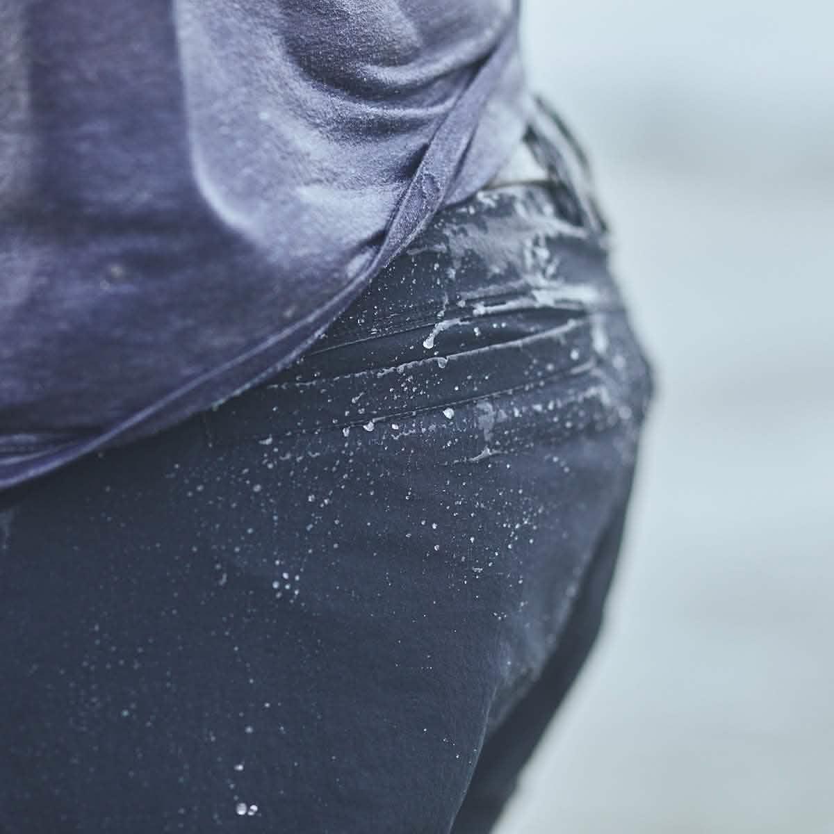 Close-up of wet GORUCK rucking shorts with water droplets, outdoor active gear