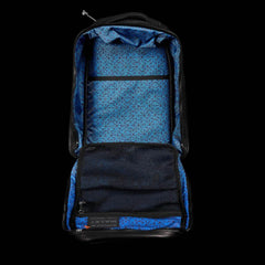 GORUCK Bullet Ruck backpack open, showing blue patterned interior and mesh pockets