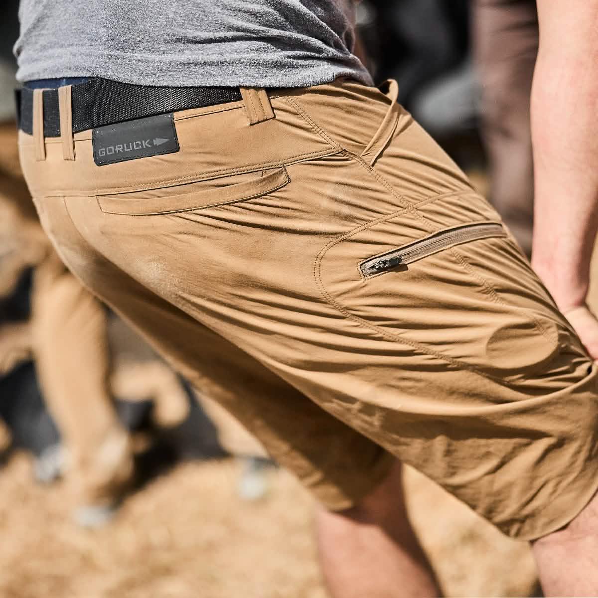 GORUCK Challenge Shorts in coyote tan color, durable rucking gear outdoors