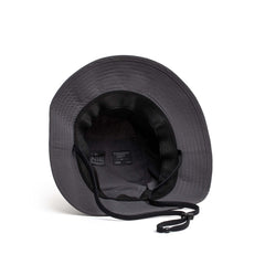 GORUCK charcoal boonie hat with chin strap and tough, water-resistant fabric, top view.