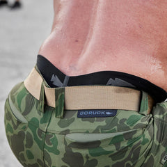 GORUCK camo shorts and belt on a sweaty back, outdoor fitness rucking gear