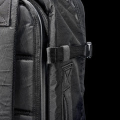 GORUCK black rucksack close-up, durable X-Pac material, compression strap detail