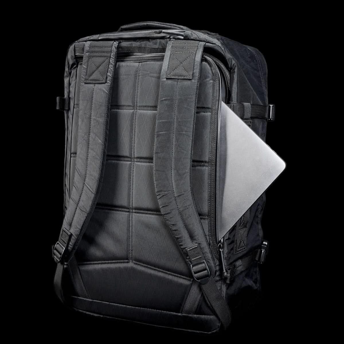 GORUCK black X-Pac backpack with padded straps and side laptop compartment