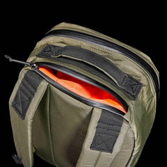 GORUCK Bullet Ruck 15L Xpac green backpack with orange interior and black handle