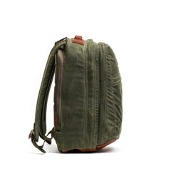 GORUCK olive waxed canvas backpack with brown leather accents side view