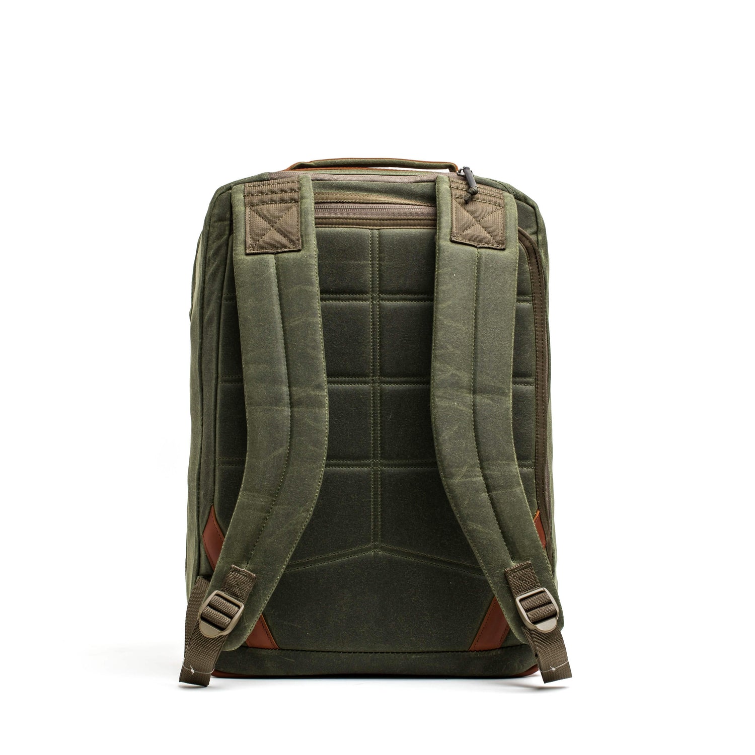 GORUCK olive waxed canvas backpack with brown leather accents and padded straps, rear view