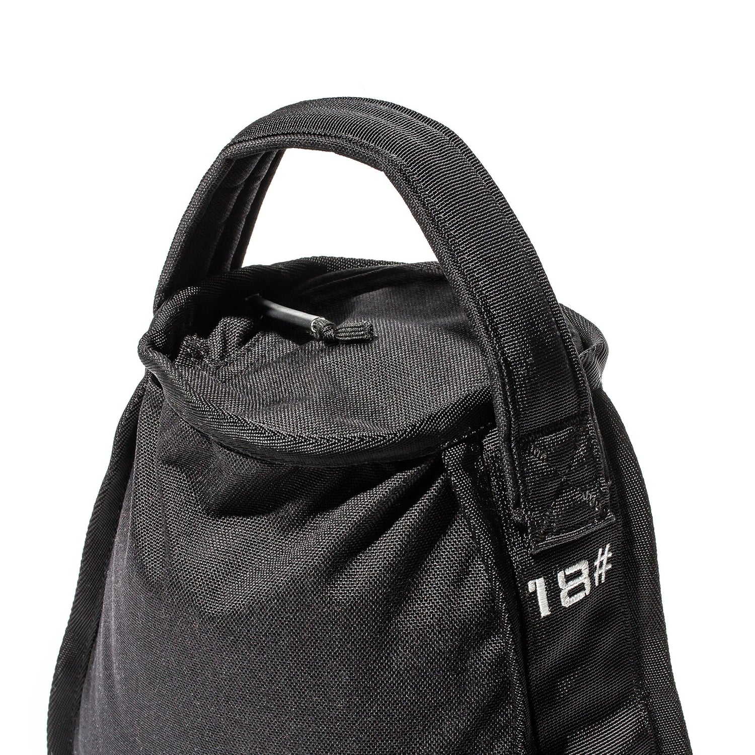 Close-up of the Sand Kettlebells bag in black fabric, showcasing a heavy-duty padded handle and the number 