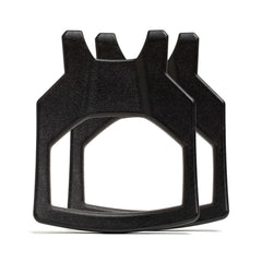 Two Curved Ruck Plates, black and resembling gear like a rucking weight vest, overlap and stand upright on a white background.