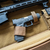 The Retention Package features a black handgun secured with tan straps in a padded case alongside a rifle.