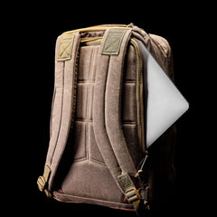 GORUCK dark oak rucksack rear view with laptop in zippered pocket, rugged rucking gear