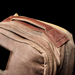 GORUCK Dark Oak rucksack detail with leather handle and rugged canvas fabric