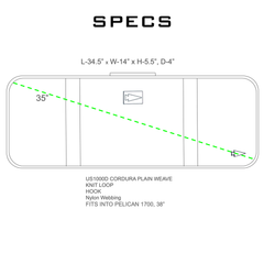 Rectangular case dimensions with labeled diagonal measurement showcase the Rifle Case’s modular design and hard case compatibility; materials and specs are listed below the outline drawing.