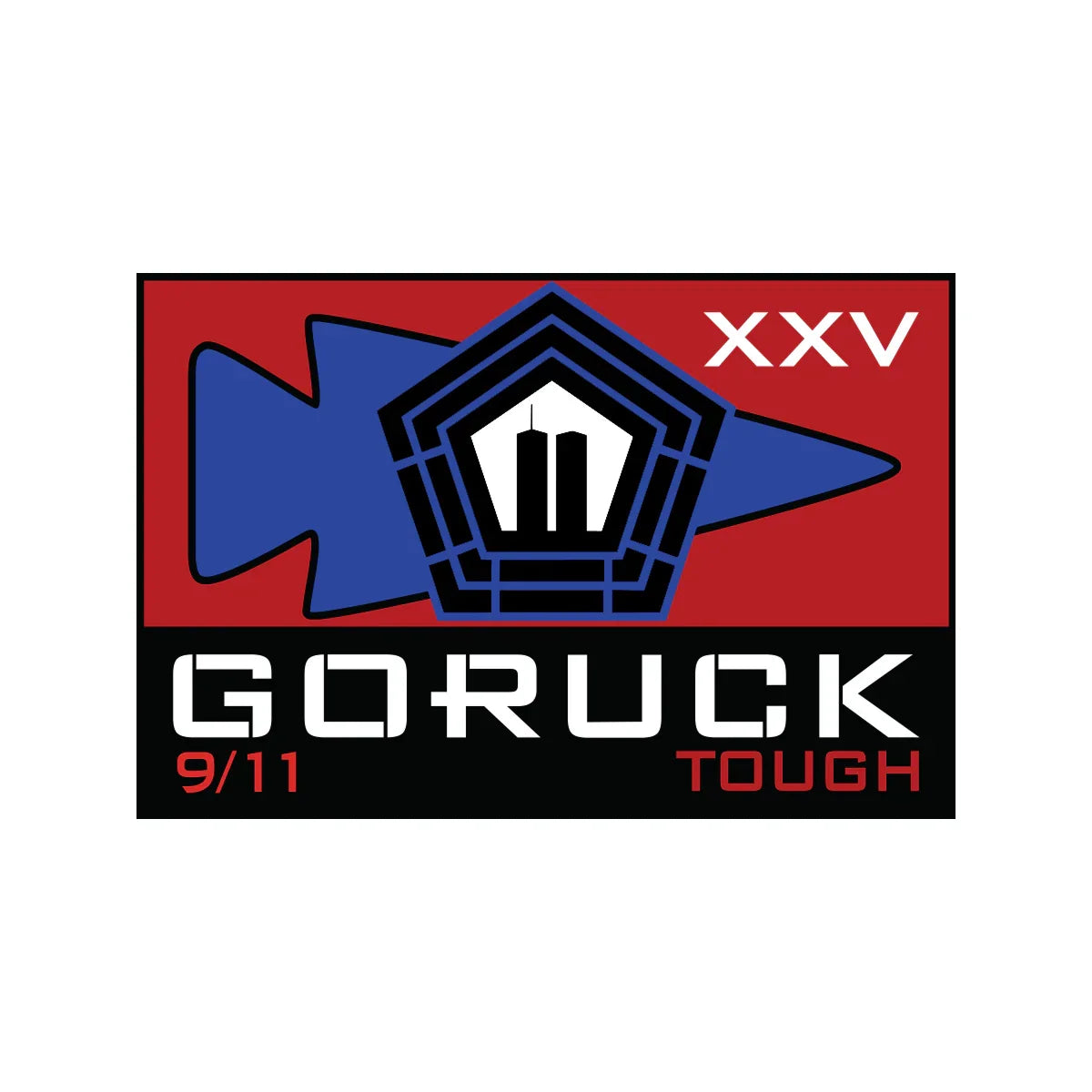 GORUCK 9/11 Tough patch with Pentagon, Twin Towers, blue arrow, and XXV on red and black